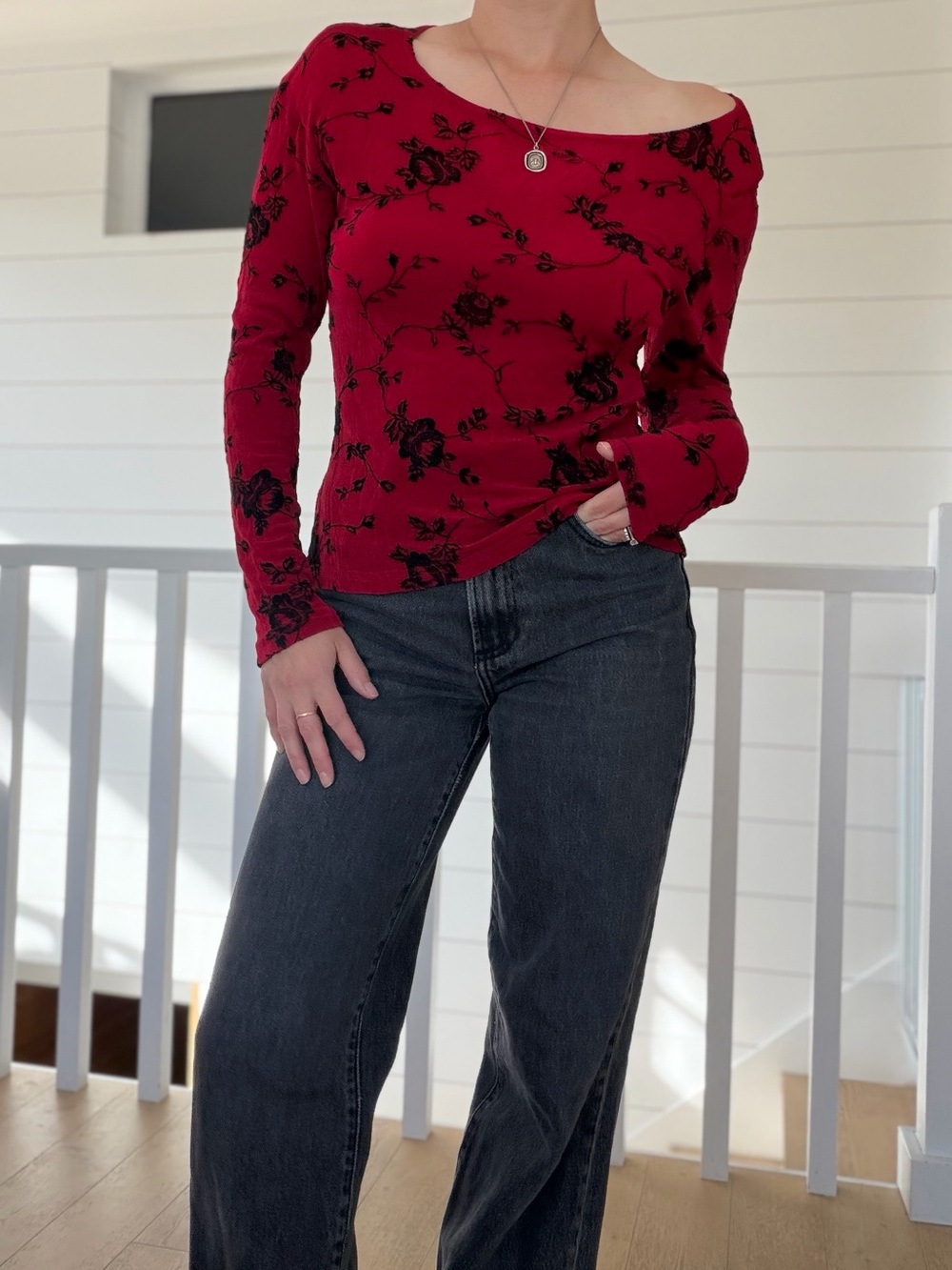 Vintage 90s Jonden Flocked Velvet Red Black Rose Off Shoulder Top Medium